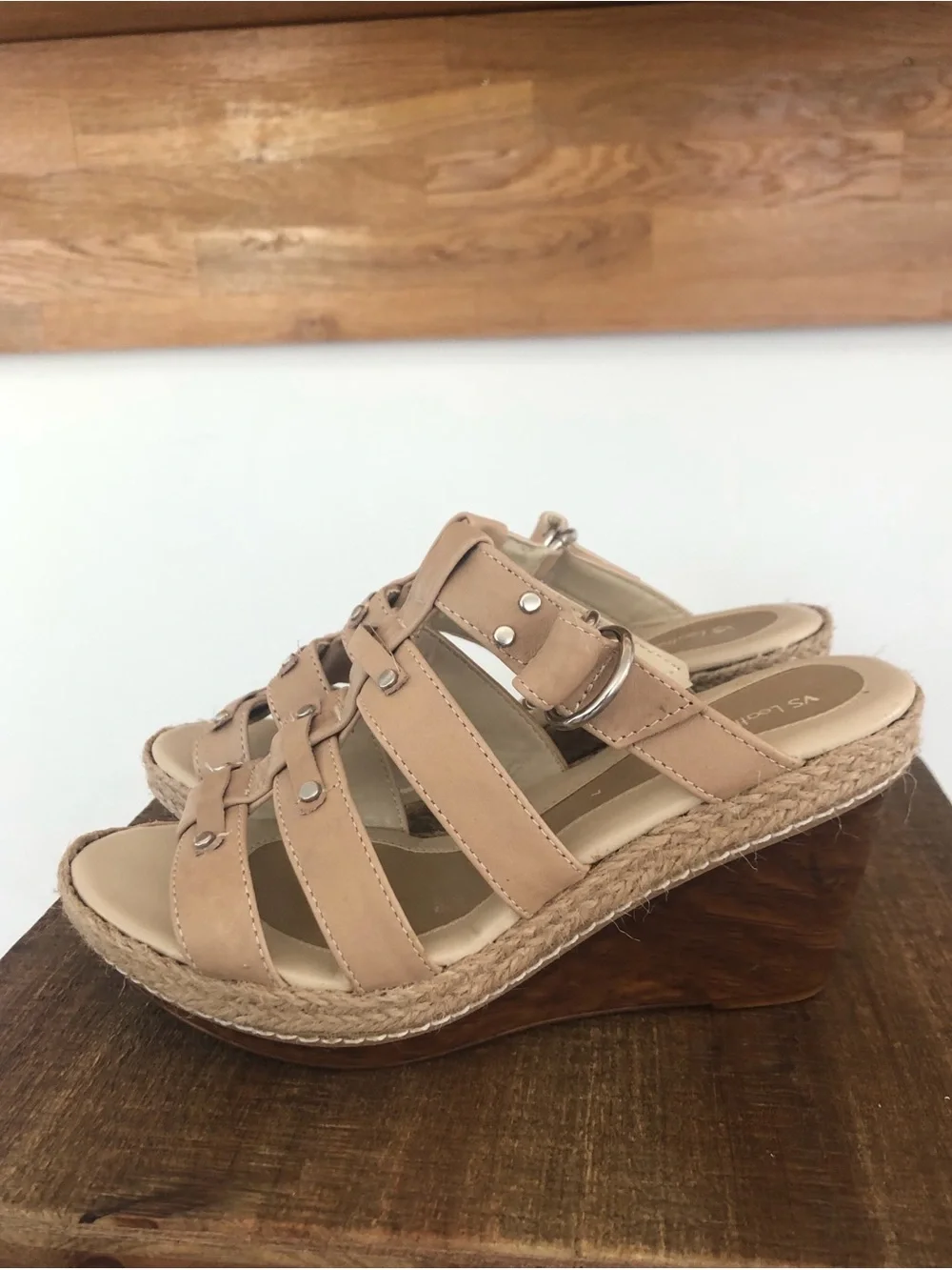 Women's Tan Leather Strappy Wedge Sandals